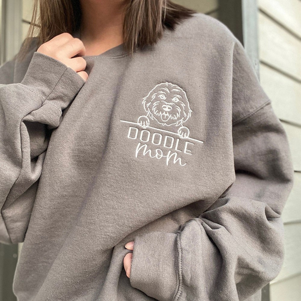 Embroidered Dog Mom Sweatshirt Hoodie With Pet Portrait and Pet Names Gift For Pet Lovers