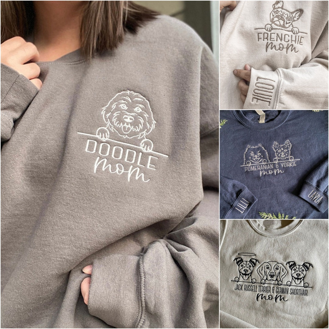 Embroidered Dog Mom Sweatshirt Hoodie With Pet Portrait and Pet Names Gift For Pet Lovers