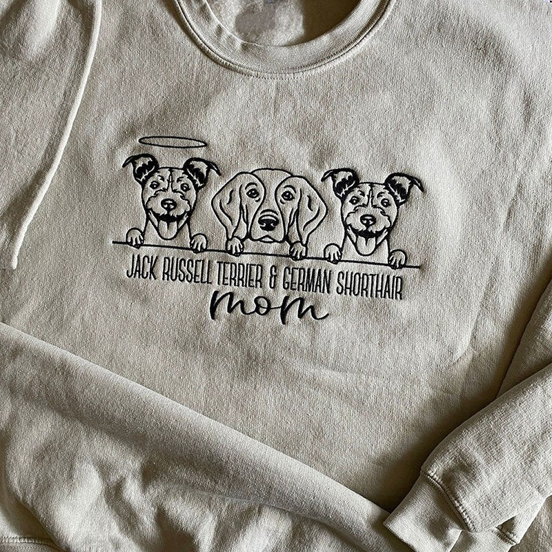 Embroidered Dog Mom Sweatshirt Hoodie With Pet Portrait and Pet Names Gift For Pet Lovers