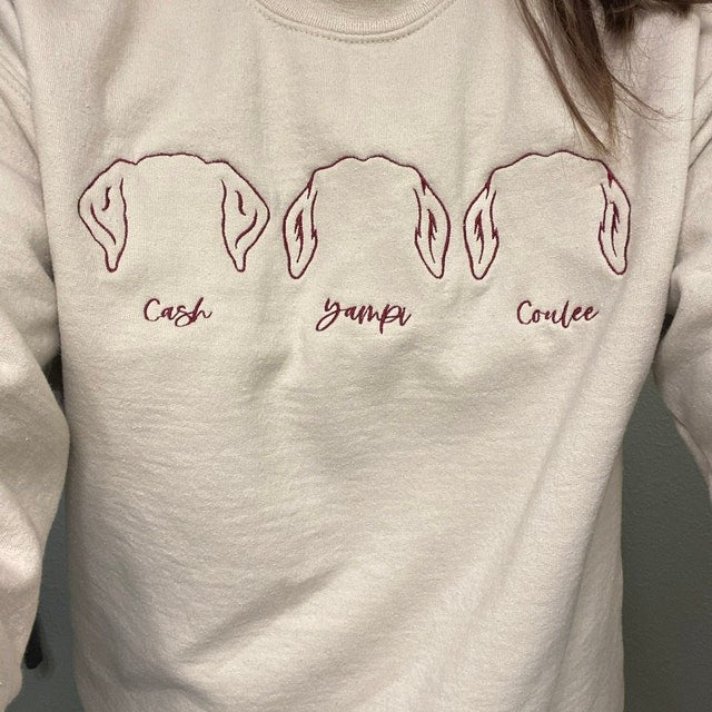 Custom Embroidered Dog Ear Outline Sweatshirt Hoodie With Names Keepsake