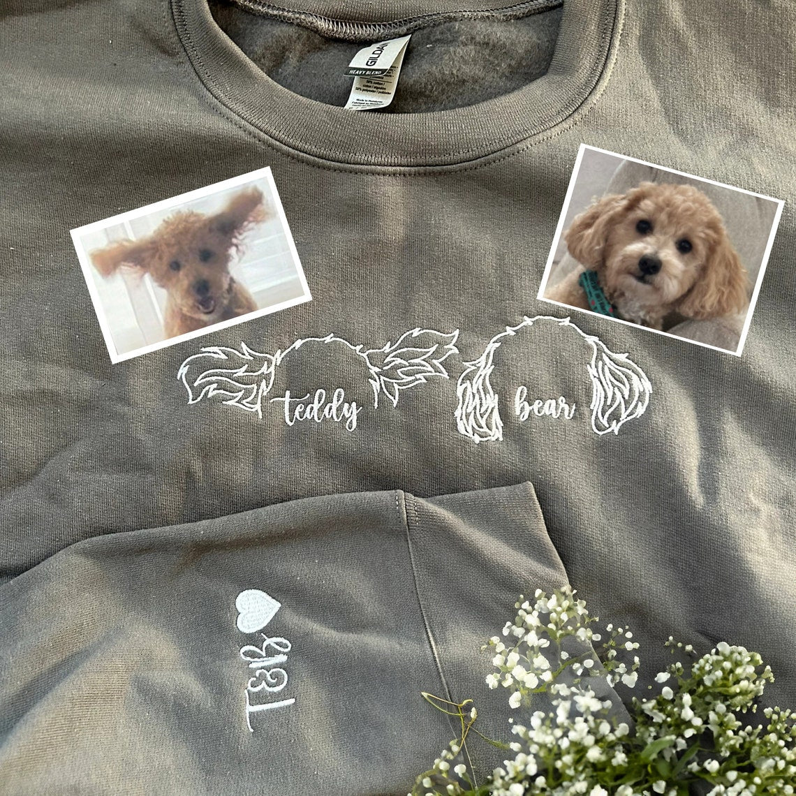 Custom Embroidered Dog Ear Outline Sweatshirt Hoodie With Names Keepsake