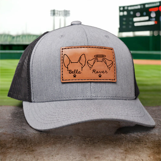 Custom Pet Portrait Trucker Hat | Leather Patch with Pet Ears & Name