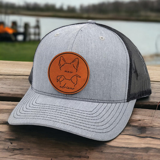 Custom Pet Ears Line Art Leather Patch Trucker Hat with Name Keepsake Gift For Pet Lovers