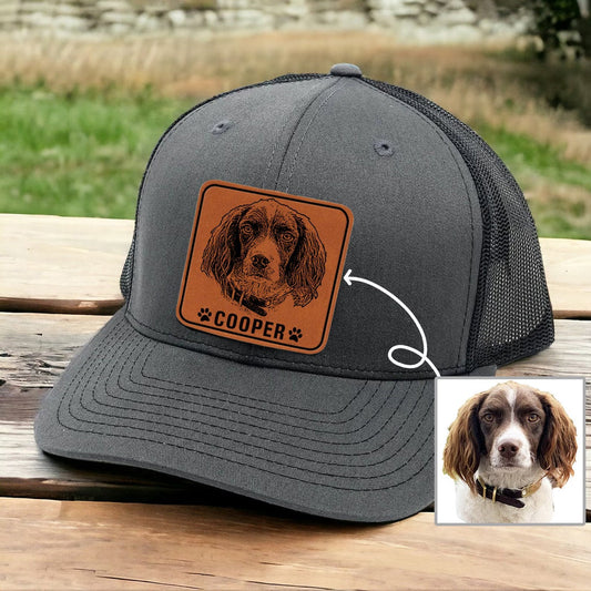 Personalized Pet Portrait Leather Patch Trucker Hat with Photo and Name