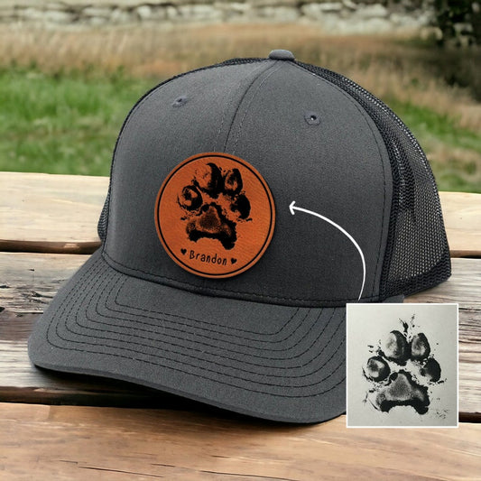Personalized Pet Paw Print Leather Patch Trucker Hat with Name Gift for Pet Lovers