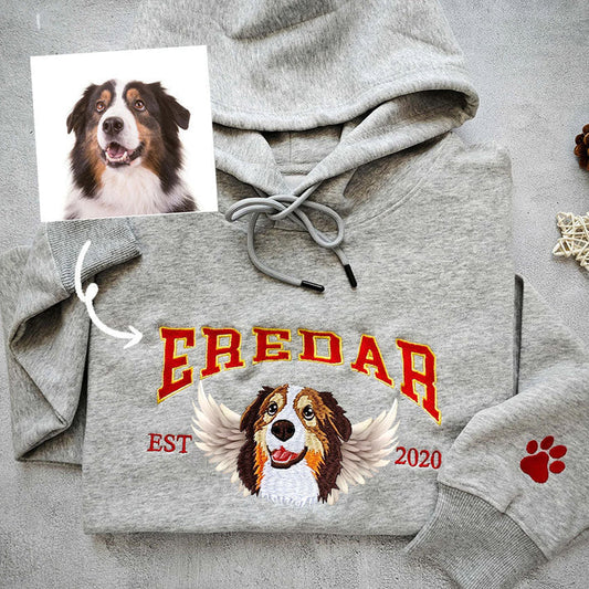 Personalized Pet EST Sweatshirt Embroidered Pet Face and Angle Wings Hoodie Pet Memorial