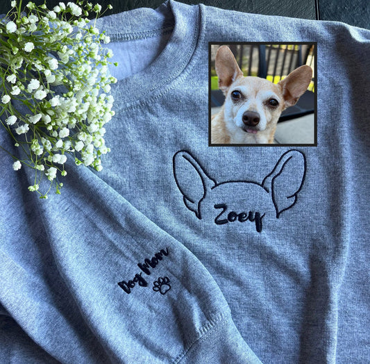 Custom Embroidered Dog Ear Outline Sweatshirt Hoodie With Names Keepsake