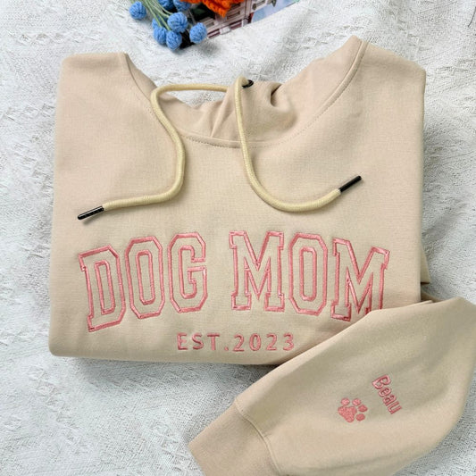 Personalized Embroidered Dog Mom EST Sweatshirt Hoodie with Dog Names on Sleeve