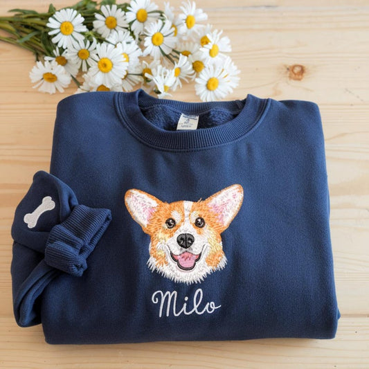 Embroidered Custom Pet Portrait Sweatshirt, Custom Dog From Photo Embroidery
